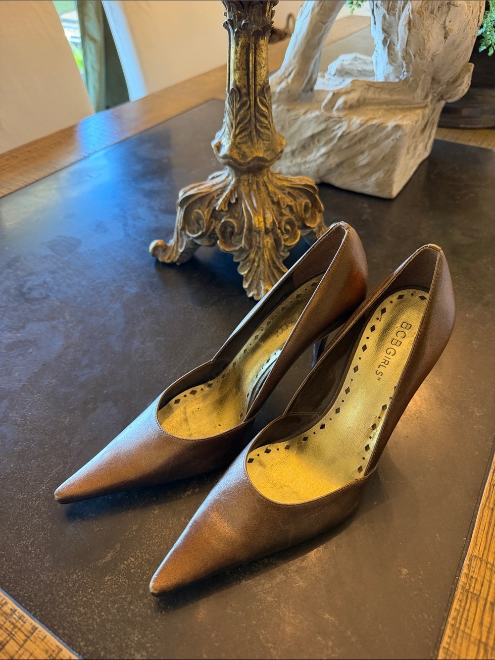 BCBGirls Brown Pointed-Toe Leather Pumps with Gold Insole